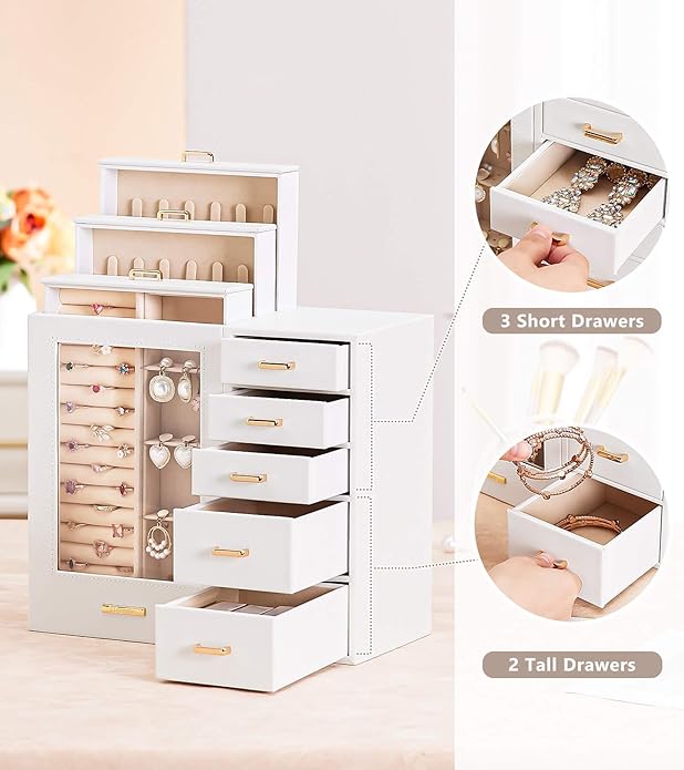 Homde Large Jewelry Box/Organizer/Case with Glass Window, Drawers for Necklaces Earrings Rings Bracelets Watches Gift for Women Girls