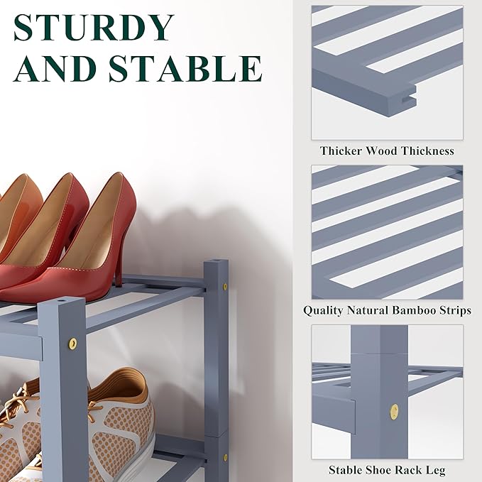 Smiry Shoe Rack, 5 Tier Small Bamboo Shoe Organizer, Stackable Free Standing Wooden Shoe Storage Shelf for Closet, Entryway, Front Door Entrance, Grey