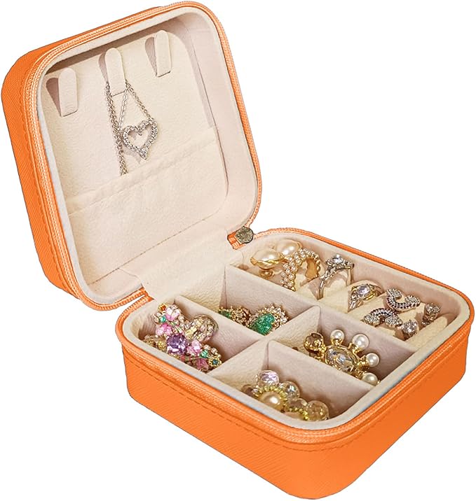 Small Travel Jewelry Box, Portable Mini Jewelry Leather Box Jewelry Ring Organizer Case Storage Holder Gift Boxes for Girls Women, Orange