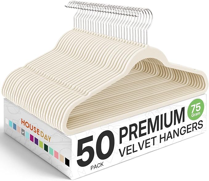 HOUSE DAY Premium Velvet Hangers 50 Pack, Non-Slip Flocked Felt Hangers, Sturdy Clothes Hangers with 360° Rotatable Hook, Heavy Duty Coat Hanger, Durable Slim Beige Hanger for Closet Space Saving