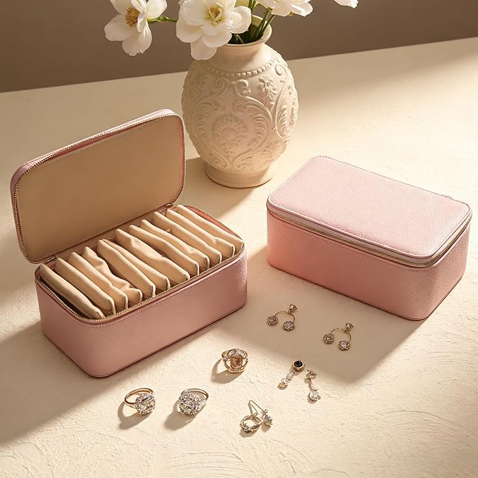 Travel Jewelry Organizer, Travel Jewelry Box with 12 Velvet Zipped Pouches Bags for Jewelries Necklaces Rings Earrings Sorting Storage for Women Girl Gifts, Blush