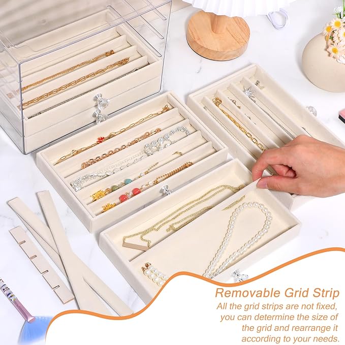 5-Drawer Necklace Organizer Box with Clear Acrylic & Velvet Lining, Beige Necklace Storage Box for Chains, Pendants, Stackable Dustproof Jewelry Holder(9.25 x 5.9 x 6.69 in)