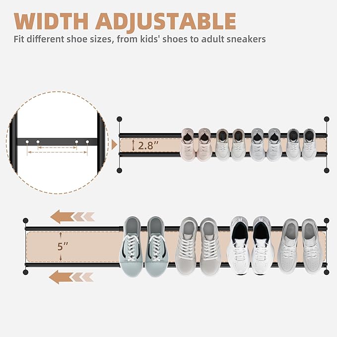 STORAGE MANIAC Long Expandable Shoe Rack, 12 Pairs Metal Wide Stackable Shoe Rack, Adjustable Shoes Shelf, Freestanding Shoes Organizer for Closet, Entryway, Hallway, Garage, Front Door, 2 Tiers