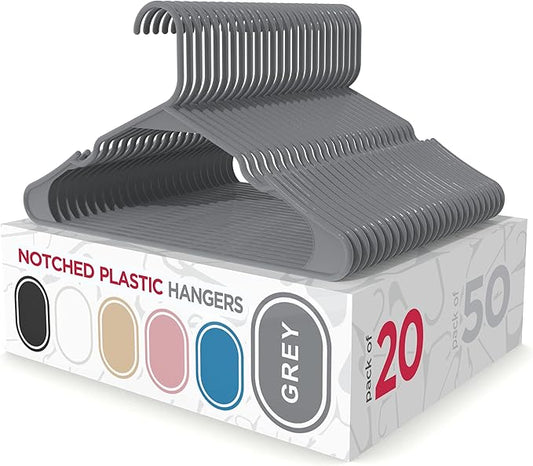 Sharpty Plastic Hangers Clothes Hangers for Clothing, Closet, Coats & Shirts - Notched, Durable & Space Saving - for Everyday Standard Use, Room Essentials & Basics - 20 Pack - Grey