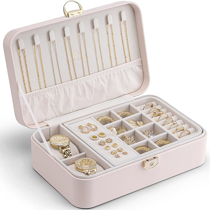 VLANDO 2 Layer Jewelry Box,Jewelry Organizer Storage Lockable Earring Organizer Removable Jewelry Tray with Watch Pillow for Neckable Ring Bracelets-Apricot Pink