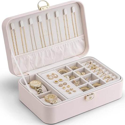 VLANDO 2 Layer Jewelry Box,Jewelry Organizer Storage Lockable Earring Organizer Removable Jewelry Tray with Watch Pillow for Neckable Ring Bracelets-Apricot Pink