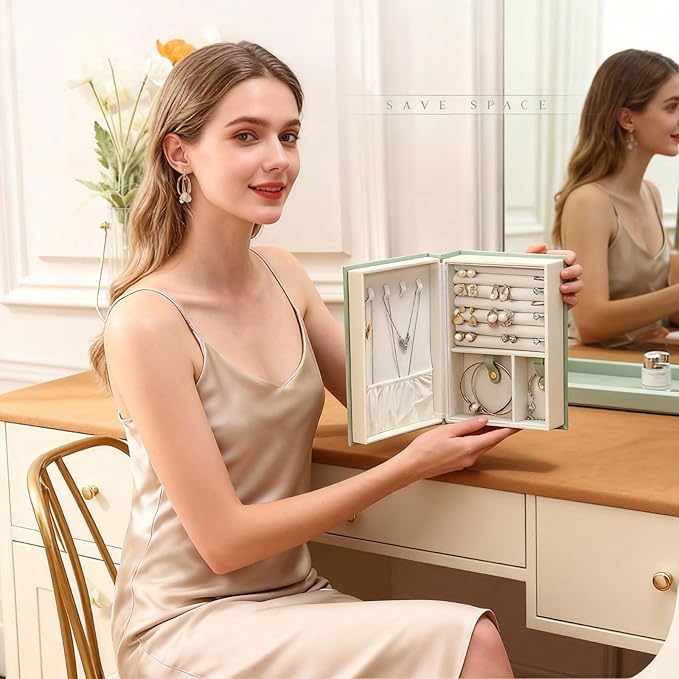 Book Jewelry Organizer Box with Magnetic Closure, PU Leather Double-Sided Jewelry Storage for Rings Necklaces Earring, Travle Jewelry Case Gift for Mom