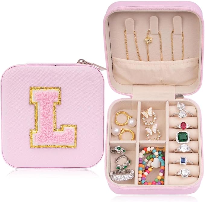ETHOON Jewelry Travel Case Small Organizer Stocking Box Personalized Gifts Teenage Jewelry Accessories Holiday Wedding Christmas Gift for Women Pink, Letter L