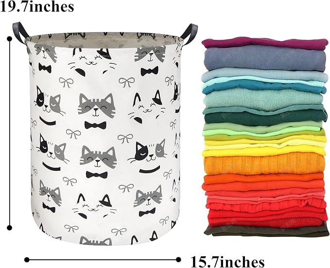 HIYAGON Large Storage Baskets,Waterproof Laundry Baskets,Collapsible Canvas Basket for Storage Bin for Kids Room,Toy Organizer,Home Decor,Baby Hamper(Bowknot Cat)