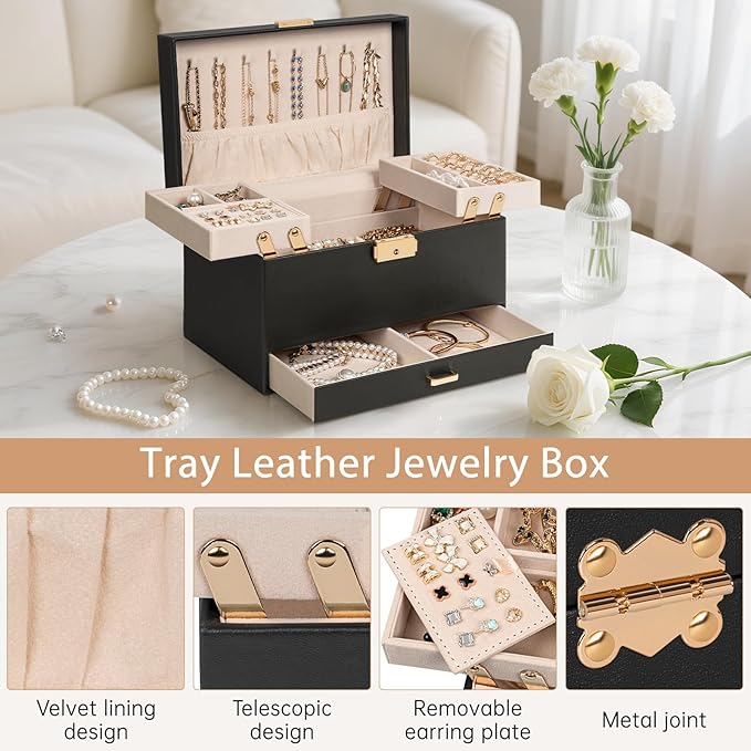 AKOZLIN Travel Jewelry Box Organizer Functional 2-trays Leather Jewelry Storage Case with Lockable Portable Drawer for Women Girls Ring Necklace Earring Bracelet