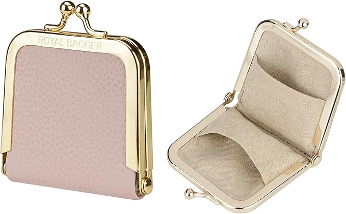 Royal Bagger Genuine Cow Leather Ultra-Slim Mini Jewelry Box, Ring & Necklace Storage, Slim Coin Purse with Kiss Lock for Women 3120 (Light Pink)