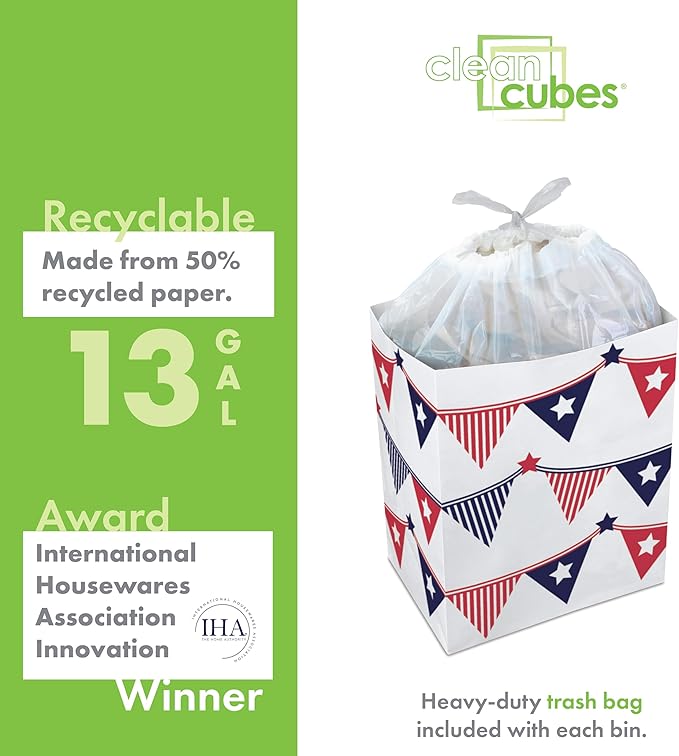 Clean Cubes 13 Gallon Disposable Pop-Up Trash Cans (3-Pack) with Fitted Bags – Foldable Garbage & Recycling Bins for Parties, Events & Kitchen (USA Flag, 17" H x 13.5" W x 10" D)