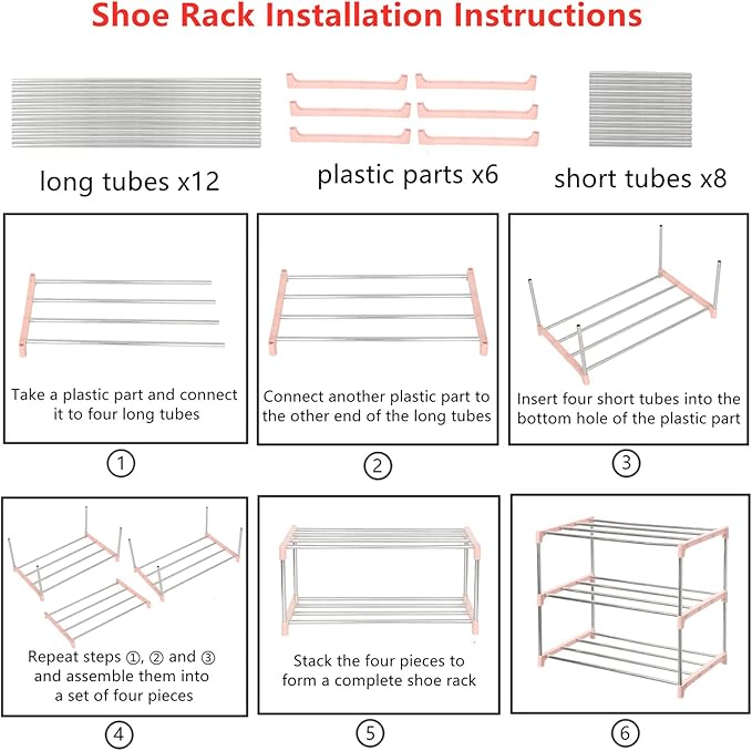 Jucaifu Stackable Small Shoe Rack, Entryway, Hallway and Closet Space Saving Storage and Organization (3-Tier, Pink)