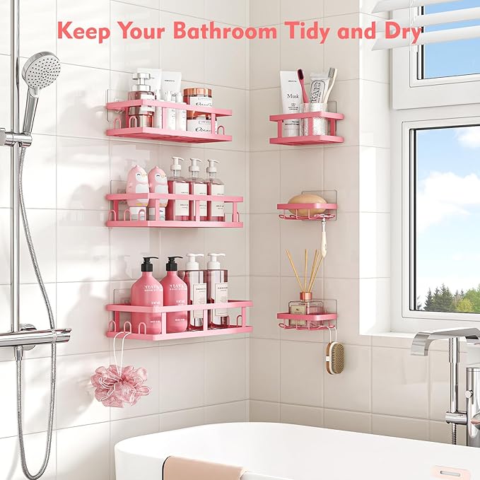 Youvip 6 Pack Shower Caddy, Adhesive Shower Shelves with Soap Holder, No Drilling Rustproof Large Capacity pink bathroom decor accessories, Pink