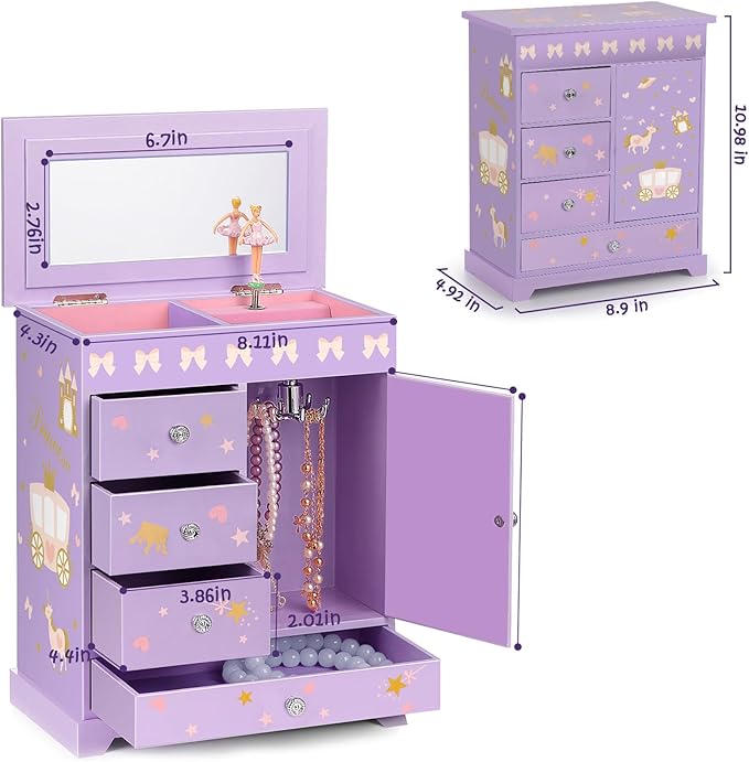 Large Jewelry Box for Girls 5-Layer Music Box with Swing Door Spinning Ballerina Unicorn Necklace & Bracelet Set Children Jewelry Organizer for Girls Kids Birthday Christmas Gift Purple