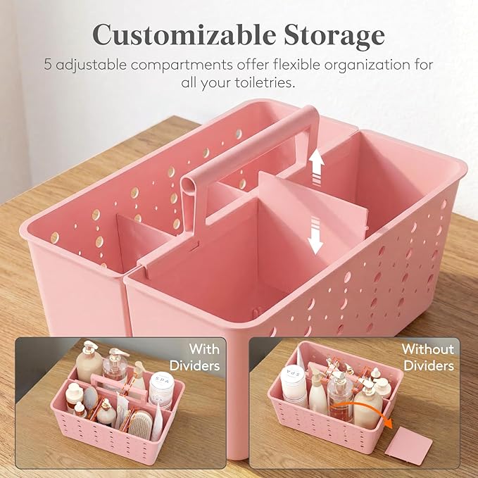Lifewit Shower Caddy Portable, Cleaning Supplies Caddy Organizer with Handle and Adjustable Dividers, Plastic Shower Basket for Dorm Room Essentials, College, Bathroom, Pink, 1 Pack