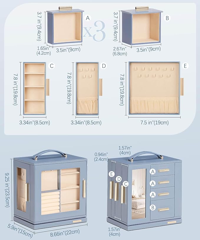 Homde Mothers Day Gifts Jewelry Box 360° Rotating, Necklace Earring Organizer with Transparent Window, Mirror, 7 Drawers, Large Ring Display Storage Case for Girls Women (Grey Blue)