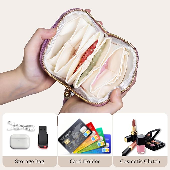 Stratalife Travel Jewelry Case - Portable Jewelry Organizer for Traveling Small Pouches for Bracelets Necklace Bangles Healing Crystal, Ring Storage with Zipper Gift for Women, Purple Tassel