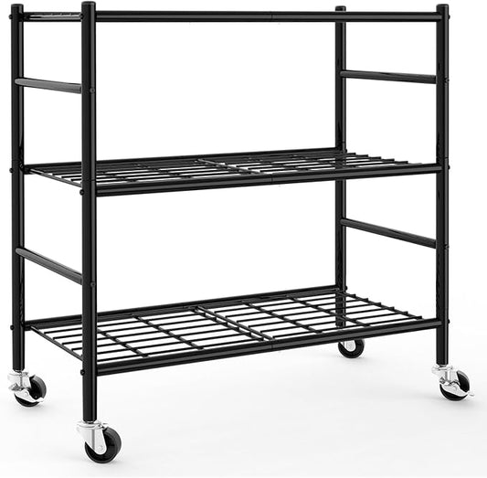 Sakugi Storage Shelves Organizer - 3 Tier Metal Shelf Organizer with Metal Wheels and Adjustable Leveling Feet, Heavy Duty Garage Shelving for Kitchen, Pantry and Closet, 33.1"x12.6"x32.5", Black