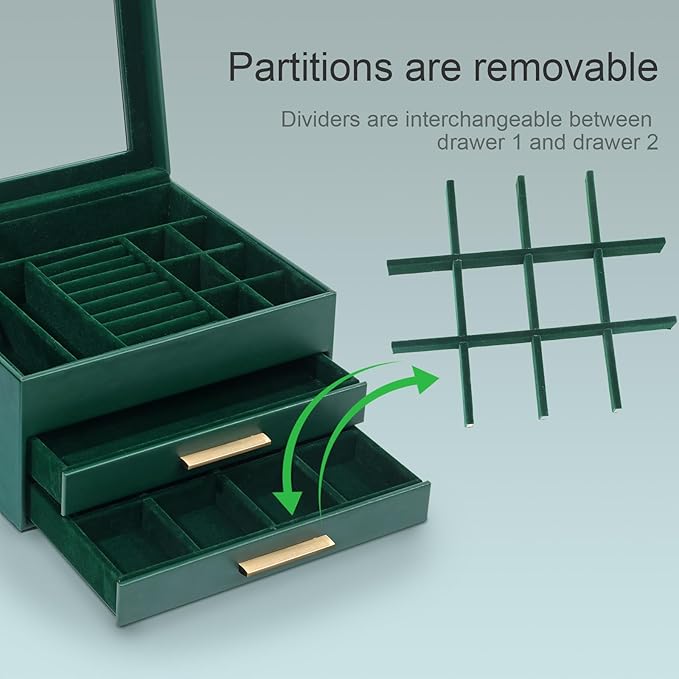 Somduy Jewelry Box Organizer for Women,3 Layers PU Leather Jewelry Storage Display Box with Glass Lid,Gift for people,3 Drawers,Large Capacity for Necklace Earrings Bracelets Rings, Dark Green