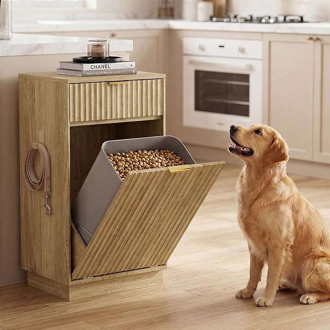 Tilt-Out Trash Cabinet with 10-Gallon Capacity, Walnut Laundry Hamper Cabinet, 34.3 x 19 x 13.8 inches, Wave-Textured Front.