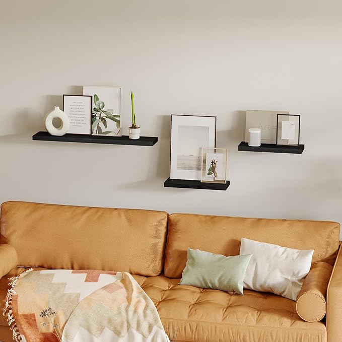 Fixwal Black Floating Shelves for Wall, Rustic Wood Shelves for Bathroom, Living Room, Bedroom and Kitchen, Wall Shelves for Storage, Books, Room Decor (Set of 4, 15.8 Inch)