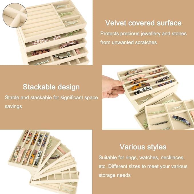 12Pcs Velvet Stackable Jewelry Trays, Jewelry Drawer Organizer, Large Removable Display Jewelry Tray, Necklace Bracelet Storage Box for Earring, Ring, Brooch, Watch (Beige)