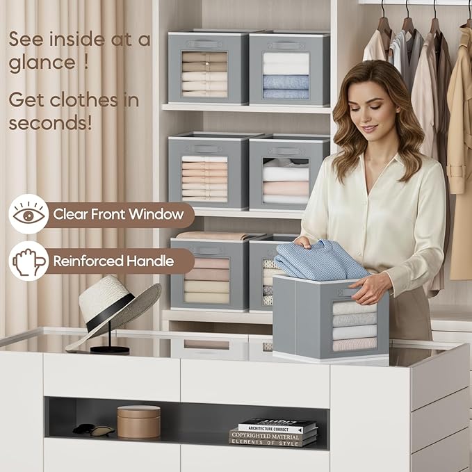 Homsorout Foldable Storage Cubes - Cubby Storage Organizer with Window, Decorative Baskets for Organizing, Fabric Bins for Clothes Storage, Closet Storage Cubes 11inch, Set of 12, Grey