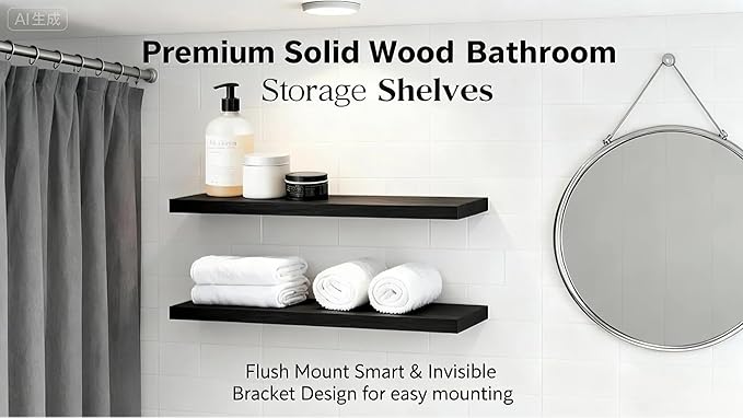 ROGMARS 36 Inches Long Black Floating Shelves,Rustic Solid Wood Farmhouse Wall Shelves with Invisible Brackets for Bathroom, Living Room, Bedroom, Kitchen Set of 2