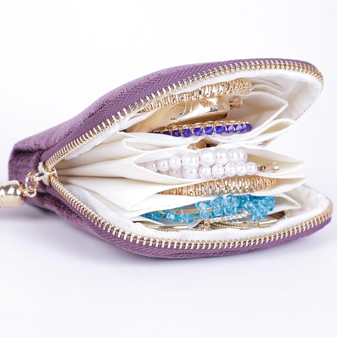 ASINGYER Travel Jewelry Storage Bag for Women, Velvet Portable Jewelry Organizer with Tassel Zipper, Small Pouches for Bracelets Necklaces Rings Earrings, Wedding Gift for Women (purple)