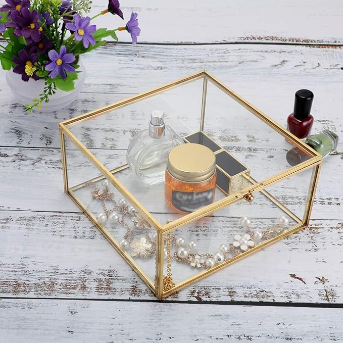 Hipiwe Vintage Glass Jewelry Organizer Box - Golden Metal Keepsake Box Desktop Jewelry Organizer Holder Wedding Birthday Gift Square Vanity Decorative Box for Dresser,6.3"x 6.3"x 3.35"