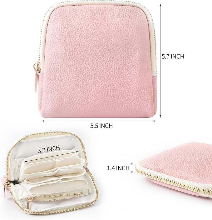 Genuine Leather Travel Jewelry Organizer Case Pouch Bags with Zipper, Small Mini Portable Jewelry Storage Bag for Ring Earrings Necklace Bracelet Travel Essentials Gift for Women（Pink）