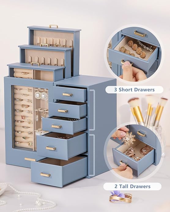 Homde Large Jewelry Box/Organizer/Case with Glass Window, Drawers for Necklaces Earrings Rings Bracelets Watches Gift for Women Girls