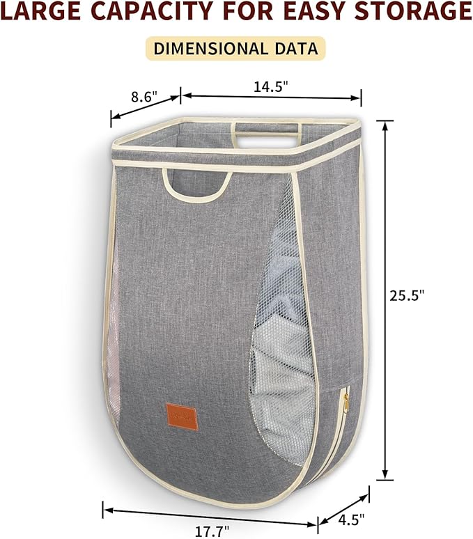 Ligereza Large Capacity Hanging Laundry Hamper Bag,Portable Over The Door Laundry Basket,Breathable Clothes Hamper,for Dormitory/Bathroom/RV Camping 14.5 x 8.6 x 25.5 in (Gray)