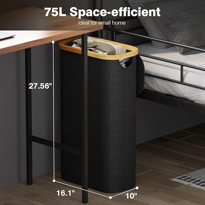 Bathola 75L Slim Laundry Hamper with Lid, Dirty Clothes Hampers for Laundry, Collapsible Laundry Baskets for Small Spaces, Bedroom, Bathroom, Laundry Room, Black