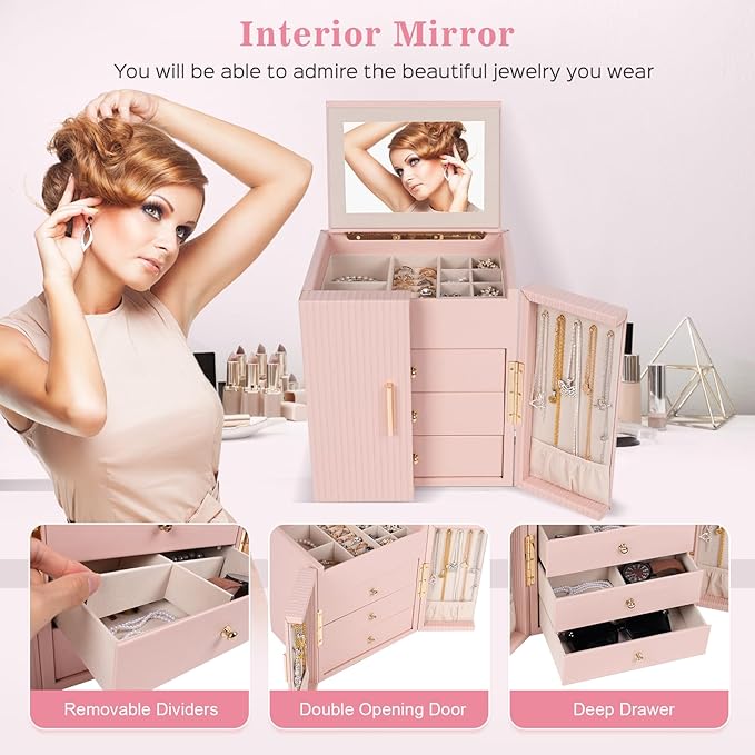Dajasan Large Jewelry Box Organizer, Jewelry Storage with 3 Drawers, Huge Jewelry Box with Mirror, Gift Idea for Women, Girls, Double Door, Textured PU Leather Surface, Stylish (Pink + Gold)