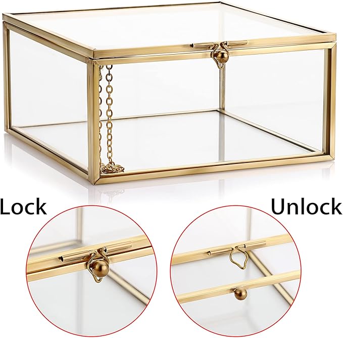 Hipiwe Vintage Glass Jewelry Organizer Box - Golden Metal Keepsake Box Desktop Jewelry Organizer Holder, Wedding Birthday Gift, Square Vanity Decorative Box for Dresser,Bathroom
