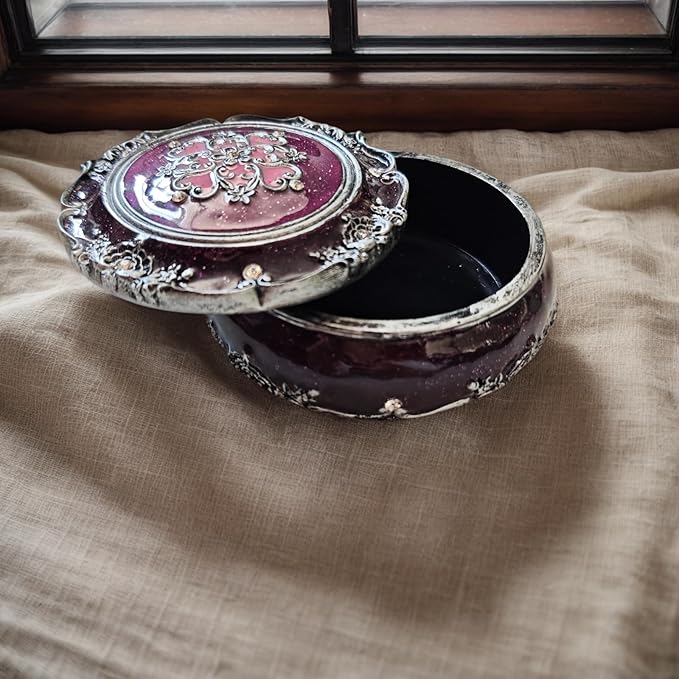 Handcrafted Round Jewelry Box - Vintage Rose Treasure Box with Carved Floral Lid, Elegant Organizer for Rings, Earrings, Necklaces and Bracelets, Romantic Gift for Wedding and Anniversary