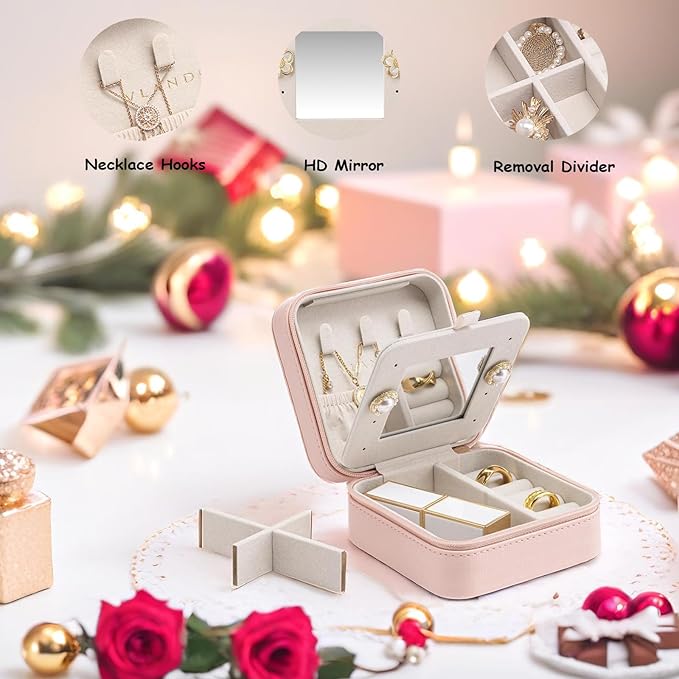 Vlando Small Travel Jewelry Box Organizer - Mirrored Jewelries Necklaces Rings Earrings Necklace Storage Case, Pink