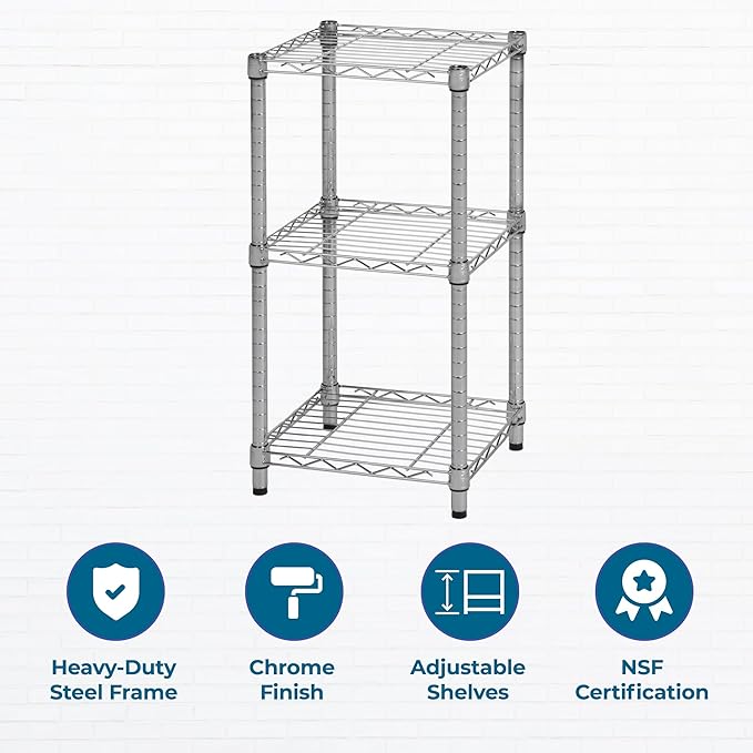 Honey-Can-Do 3-Tier Heavy Duty Adjustable Shelving Unit, 200-lb Per Shelf Stackable Modular Metal Storage Rack, Chrome Wire Shelf, 15 x 14 x 30 in