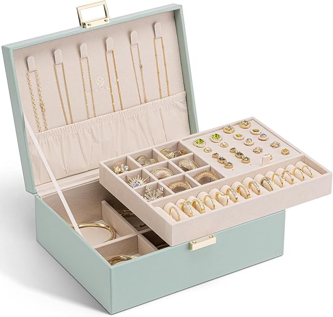 VLANDO 2 Layer Jewelry Box Large Jewelry Organizer for Women Removable Jewelery Tray for Necklace Earrings Rings Bracelets Holidays Gifts for Mom Wife (Green)