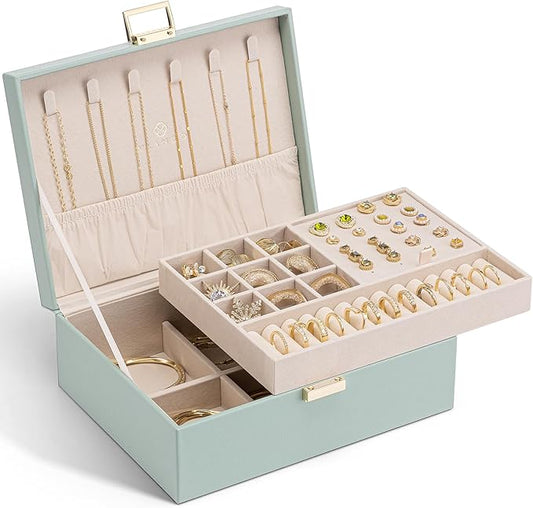 VLANDO 2 Layer Jewelry Box Large Jewelry Organizer for Women Removable Jewelery Tray for Necklace Earrings Rings Bracelets Holidays Gifts for Mom Wife (Green)