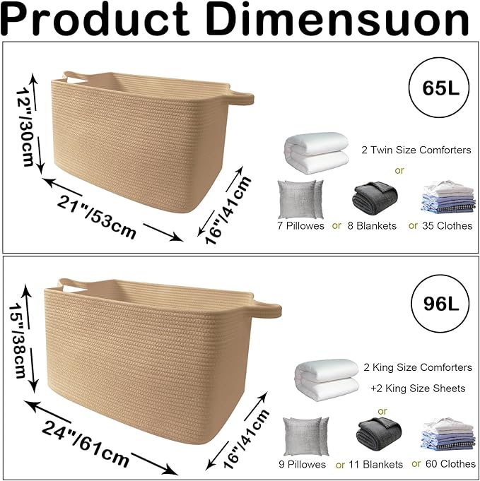 Large Blanket Basket,Woven Rope Basket Storage Bin with Handles,65L Rectangle Laundry Basket for Magazines,Toys,Clothes,Newspaper Shelf Organization,Nursery and Living Room,Jute
