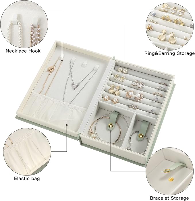 Book Jewelry Organizer Box with Magnetic Closure, PU Leather Double-Sided Jewelry Storage for Rings Necklaces Earring, Travle Jewelry Case Gift for Mom