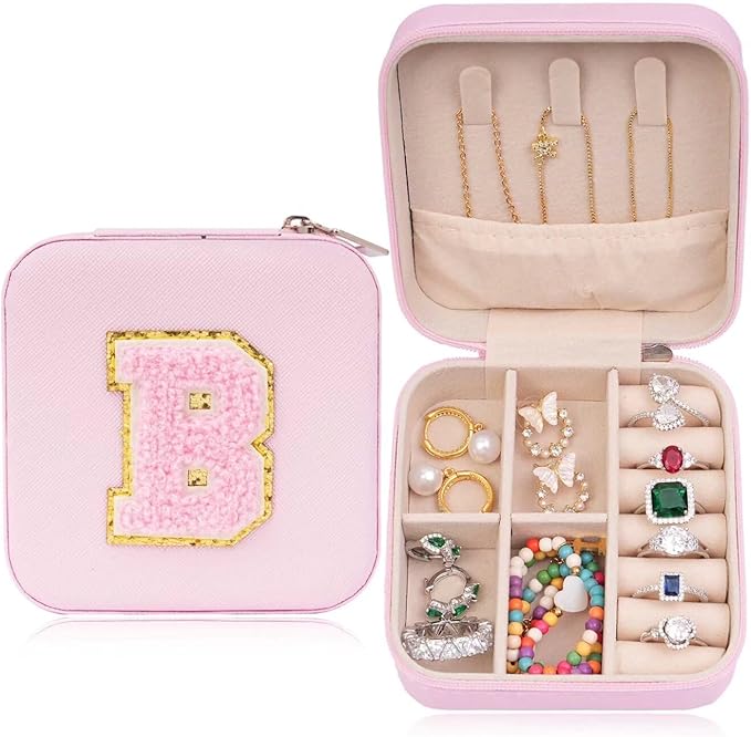 ETHOON Jewelry Travel Case Small Organizer Stocking Box Personalized Gifts Teenage Jewelry Accessories Holiday Wedding Christmas Gift for Women Pink, Letter B