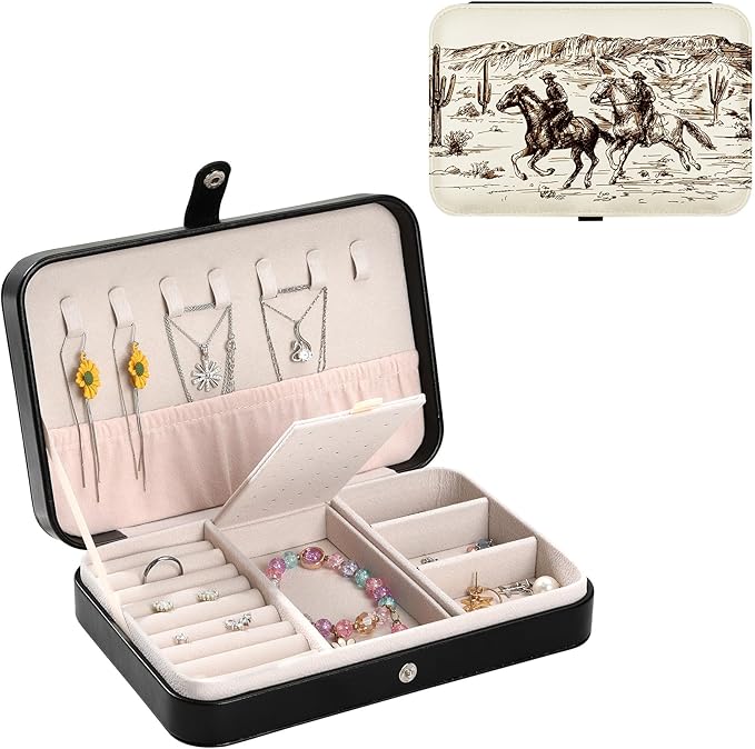 Personalized Jewelry Box Travel Jewelry Organizer Portable Jewellery Storage Holder Box for Earring Necklace Ring Birthday Christmas Valentines Day Gifts for Women Western Desert Cowboy