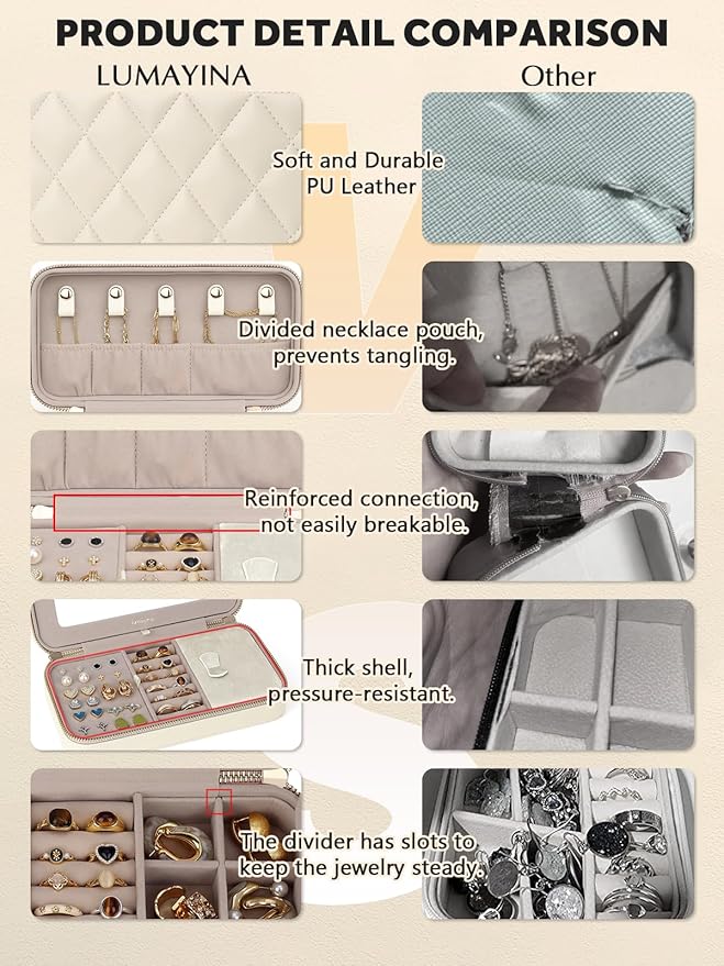 Travel Jewelry Case with Mirror, Quilted Small Jewelry Box Organizer for Women Girls, Portable Earring Necklace Bracelet Ring Holder Storage for Travel Weekend Trips (Beige)
