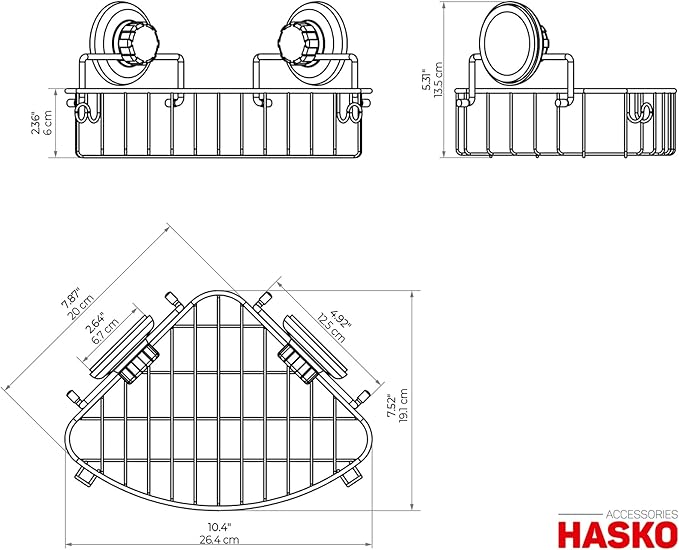 HASKO accessories Corner Shower Caddy with Suction Cups and 3M Adhesive Mounting Discs for porous surfaces - Stainless Steel Basket for Bathroom Storage (Chrome)