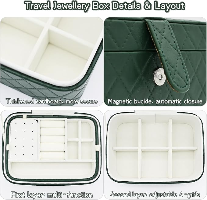 Jewelry Travel Case, 2-Layer Jewelry Box Organizer Medium Jewelry Travel Box, Portable Faux Leather Jewellery Storage Boxes with Argyle for Women, Daily Jewellery Case Home Use (Dark green)
