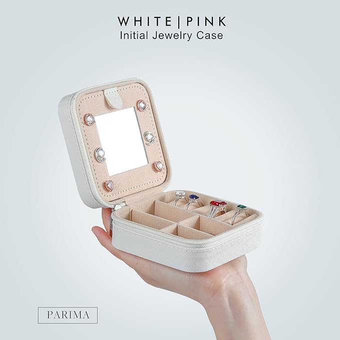 Parima White Jewelry Box for Women - Personalized Travel Chenille Letter Patches Jewelry Case, Multifunctional, Includes Ring Holder, Necklace Pocket - Ideal Birthday Gift